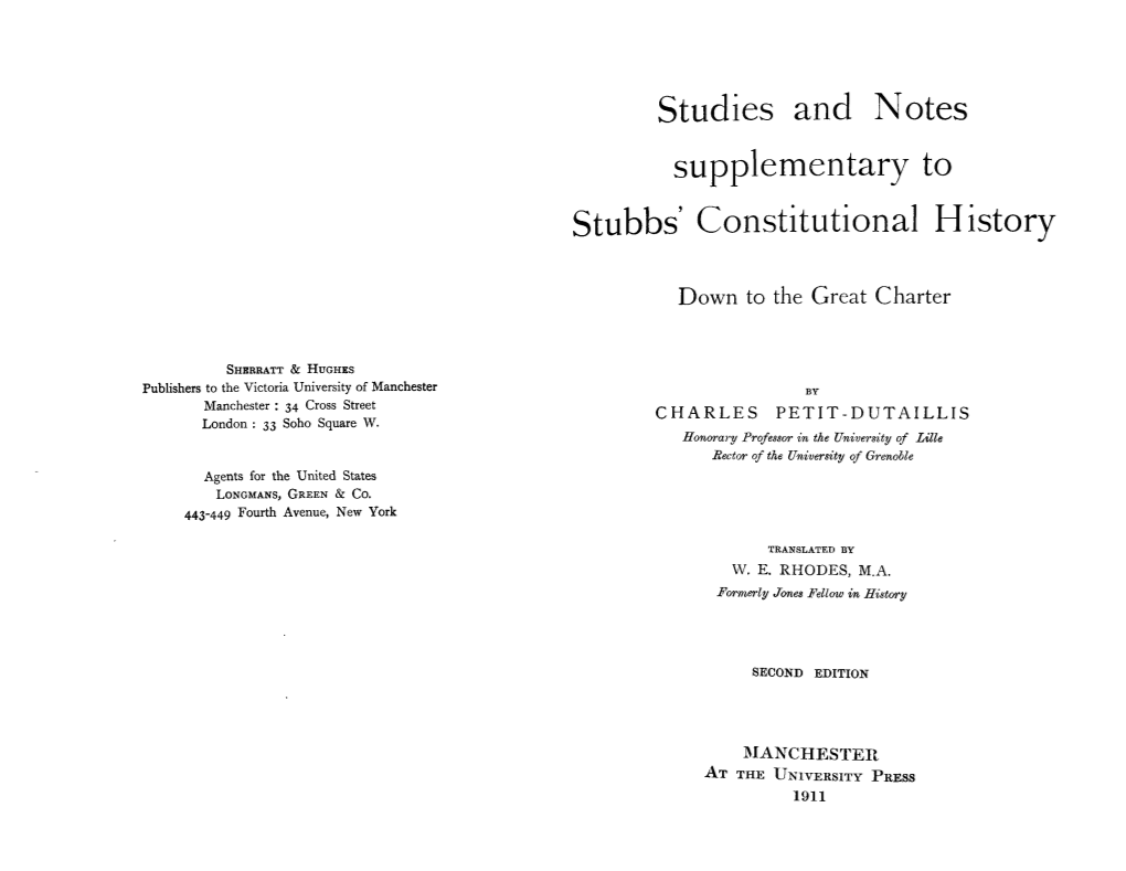 Studies and Notes Supplementary to Stubbs' Constitutional H Istory