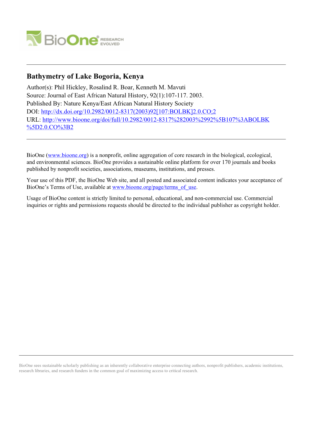 Bathymetry of Lake Bogoria, Kenya Author(S): Phil Hickley, Rosalind R