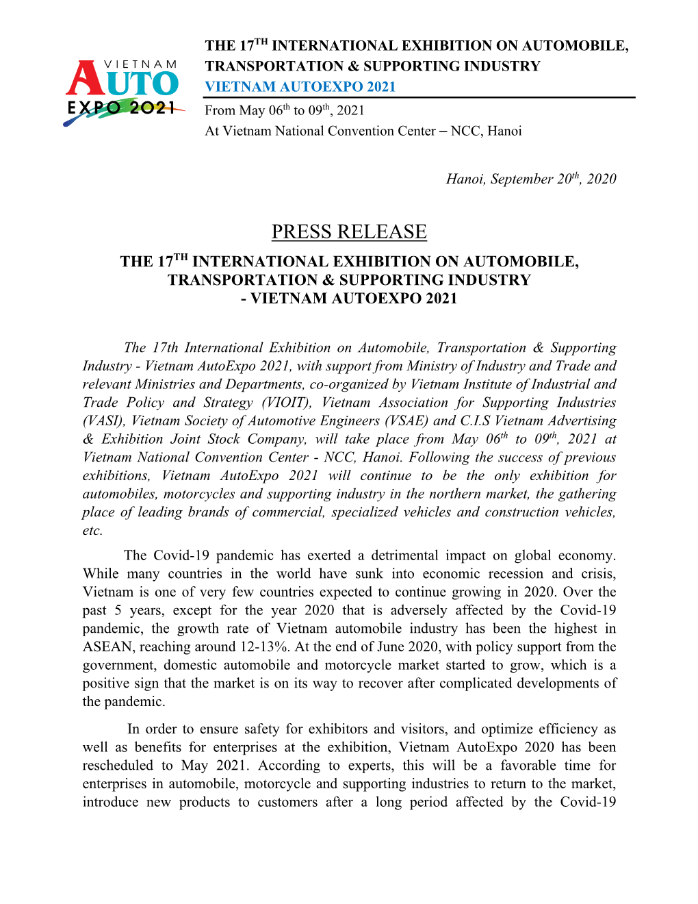 Press Release the 17Th International Exhibition on Automobile, Transportation & Supporting Industry - Vietnam Autoexpo 2021