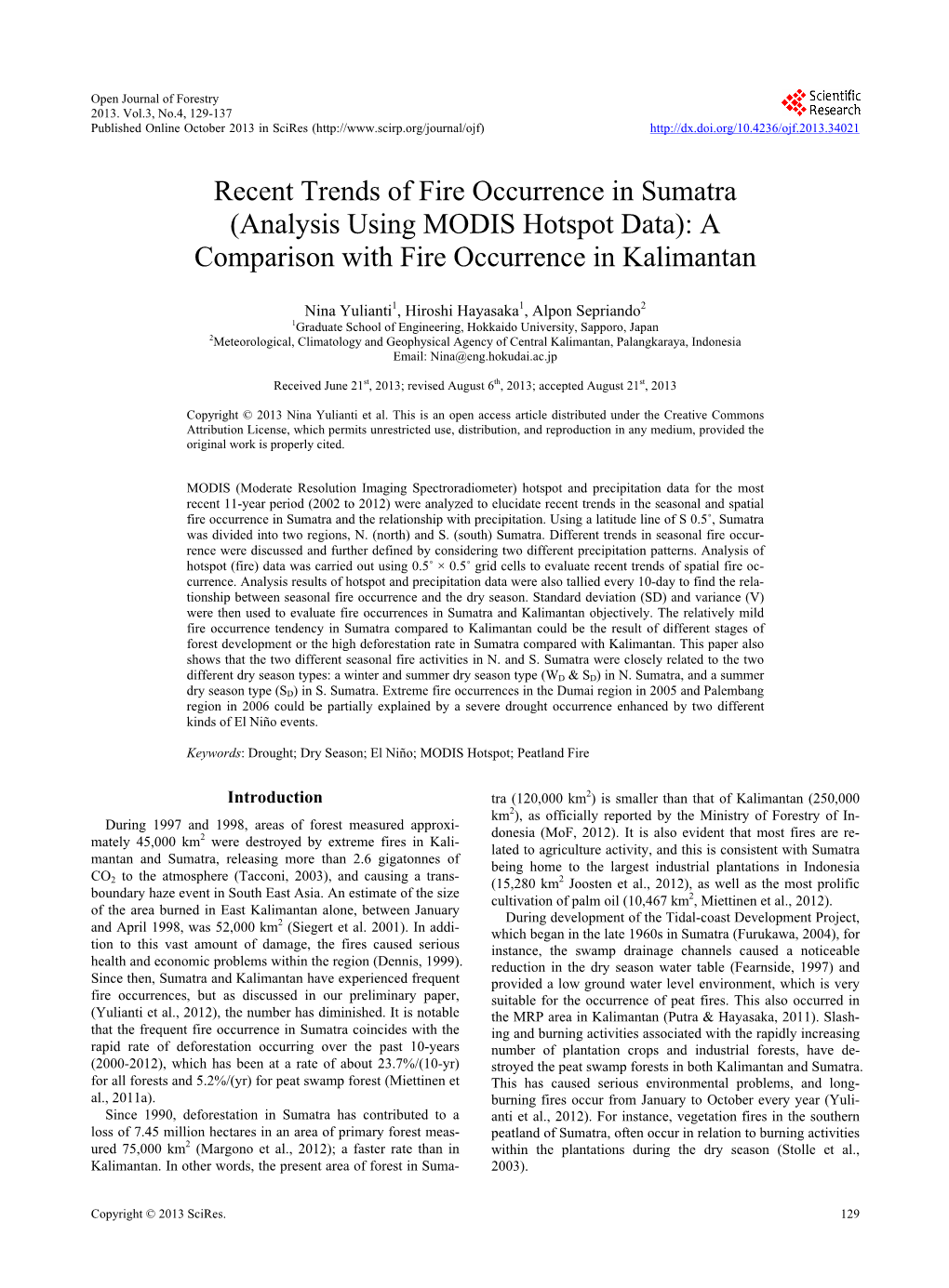 Recent Trends of Fire Occurrence in Sumatra (Analysis Using MODIS Hotspot Data): a Comparison with Fire Occurrence in Kalimantan