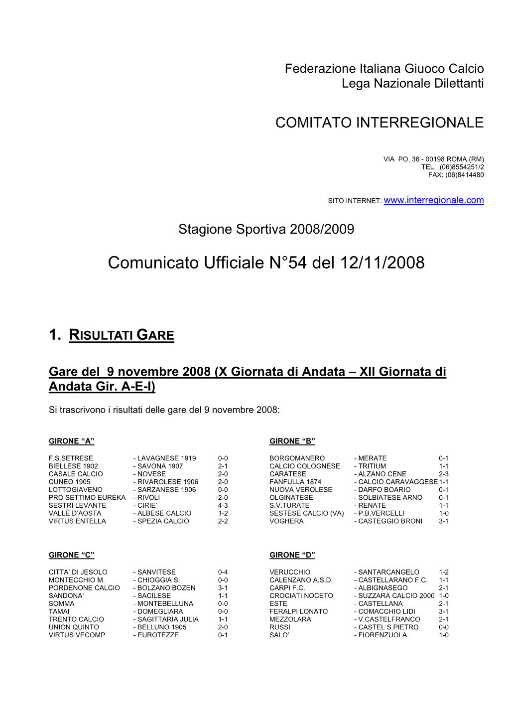 Comunicato Ufficiale N°54 Del 12/11/2008