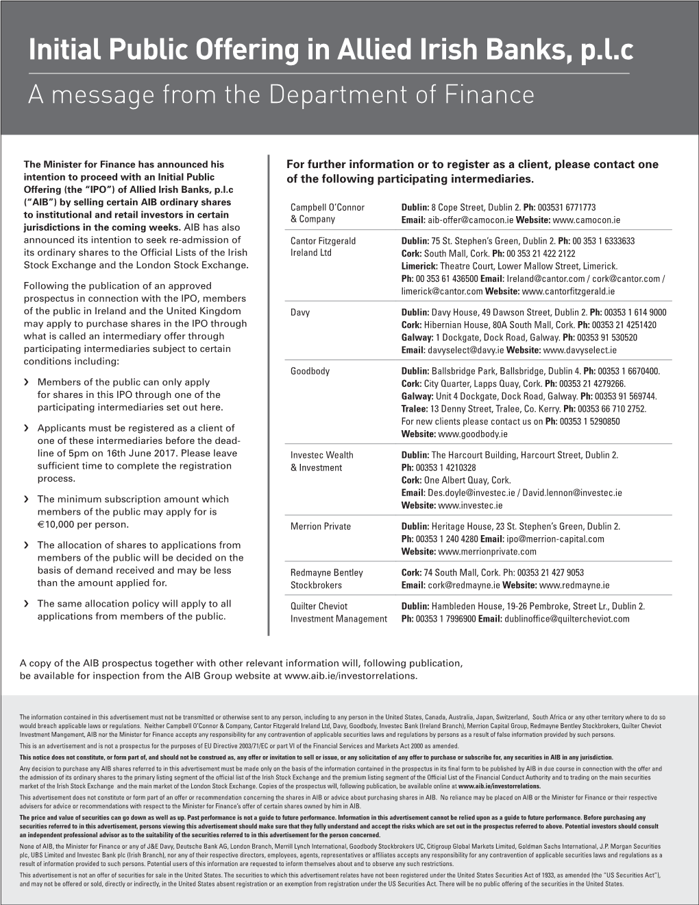Initial Public Offering in Allied Irish Banks, P.L.C a Message from the Department of Finance