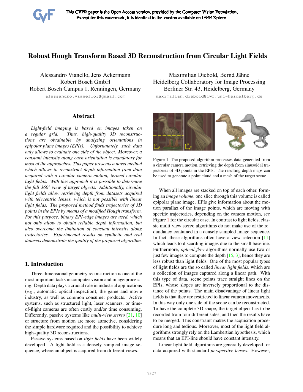 Robust Hough Transform Based 3D Reconstruction from Circular Light Fields
