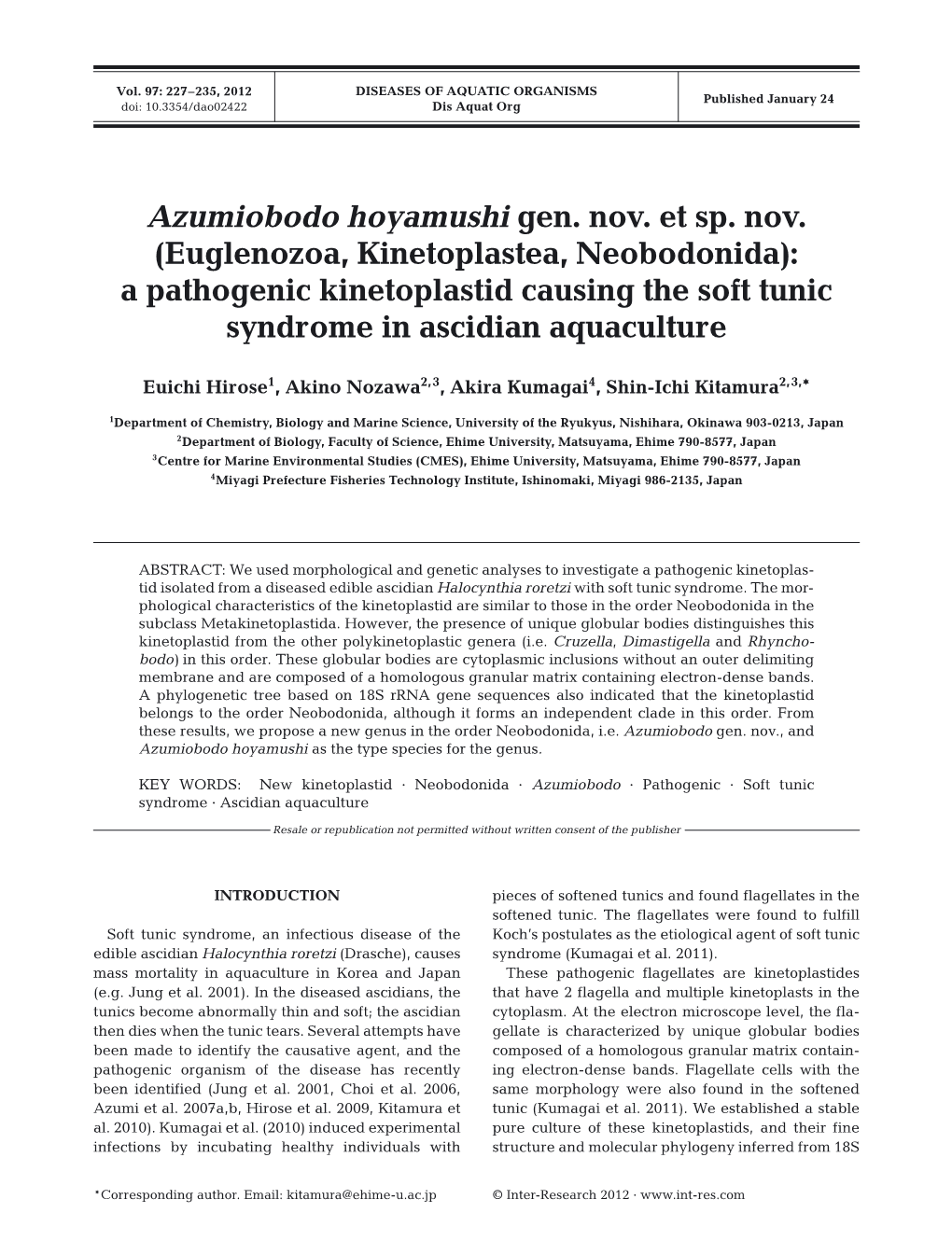 Azumiobodo Hoyamushi Gen. Nov. Et Sp. Nov.(Euglenozoa, Kinetoplastea