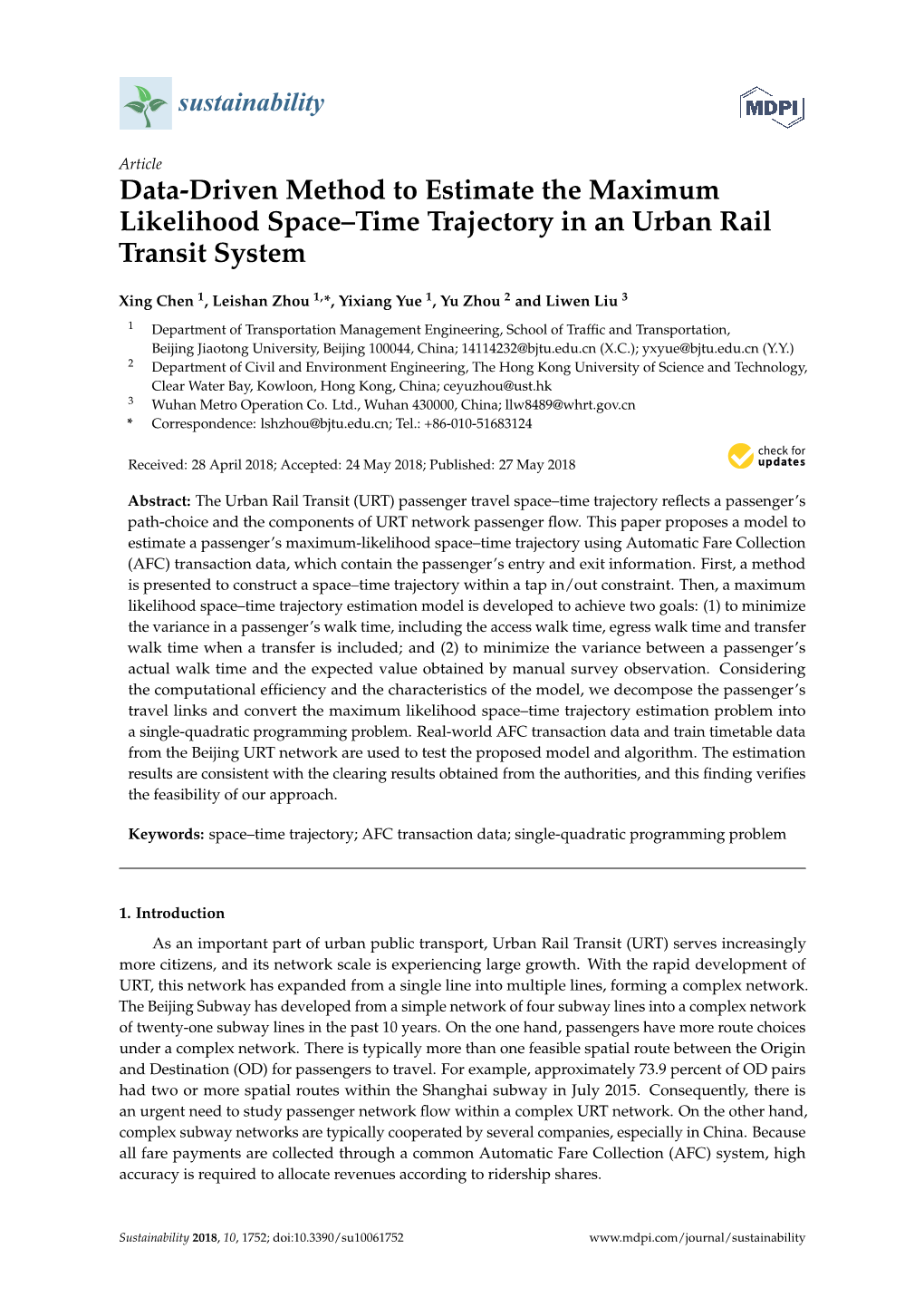 Data-Driven Method to Estimate the Maximum Likelihood Space–Time Trajectory in an Urban Rail Transit System