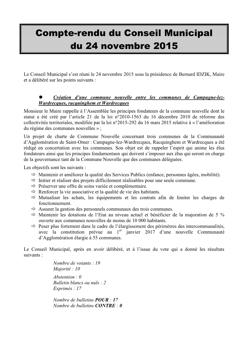 Compte-Rendu Du Conseil Municipal Du 24 Novembre 2015
