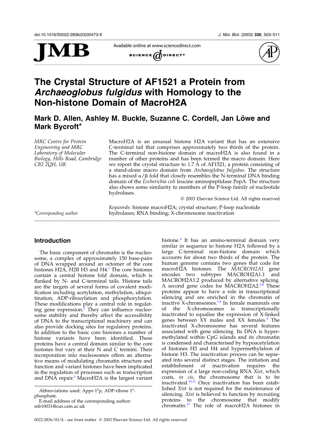 The Crystal Structure of AF1521 a Protein from Archaeoglobus Fulgidus with Homology to the Non-Histone Domain of Macroh2a