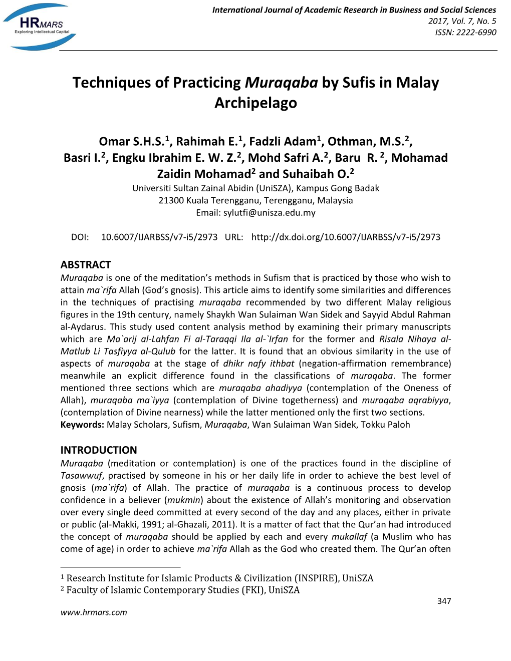 Techniques of Practicing Muraqaba by Sufis in Malay Archipelago