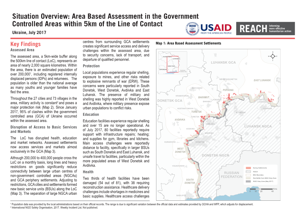 Situation Overview: Area Based Assessment in the Government Controlled Areas Within 5Km of the Line of Contact Ukraine, July 2017