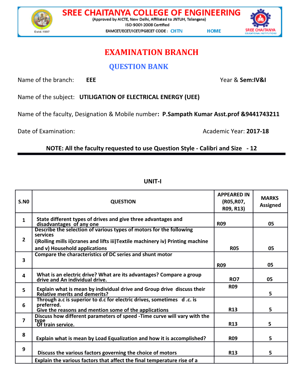 Name of the Subject: UTILIGATION of ELECTRICAL ENERGY (UEE)