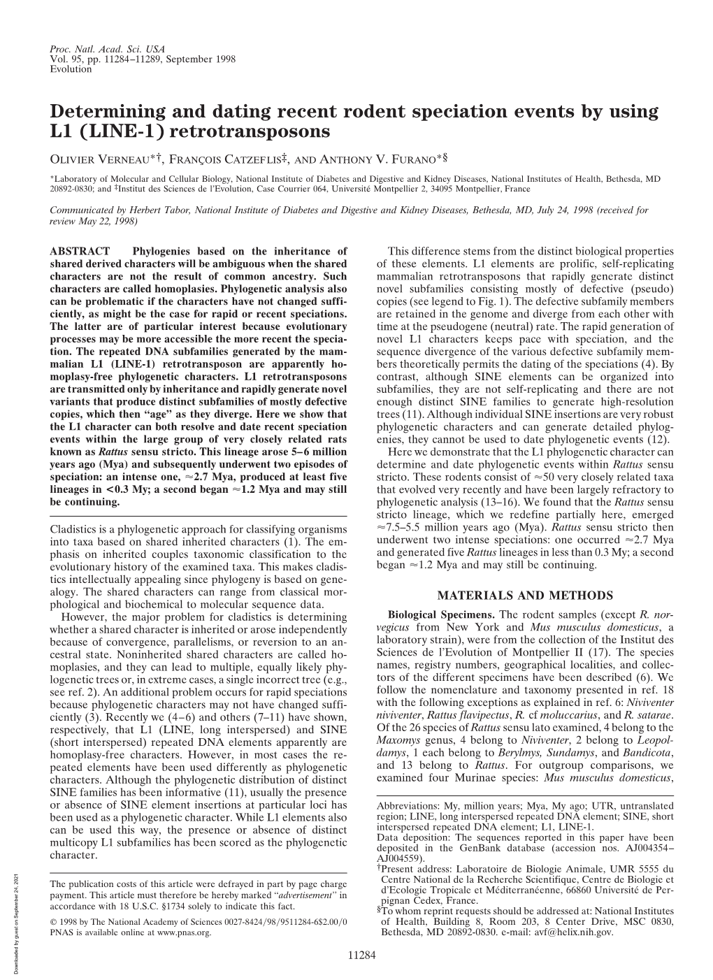 Determining and Dating Recent Rodent Speciation Events by Using L1 (LINE-1) Retrotransposons