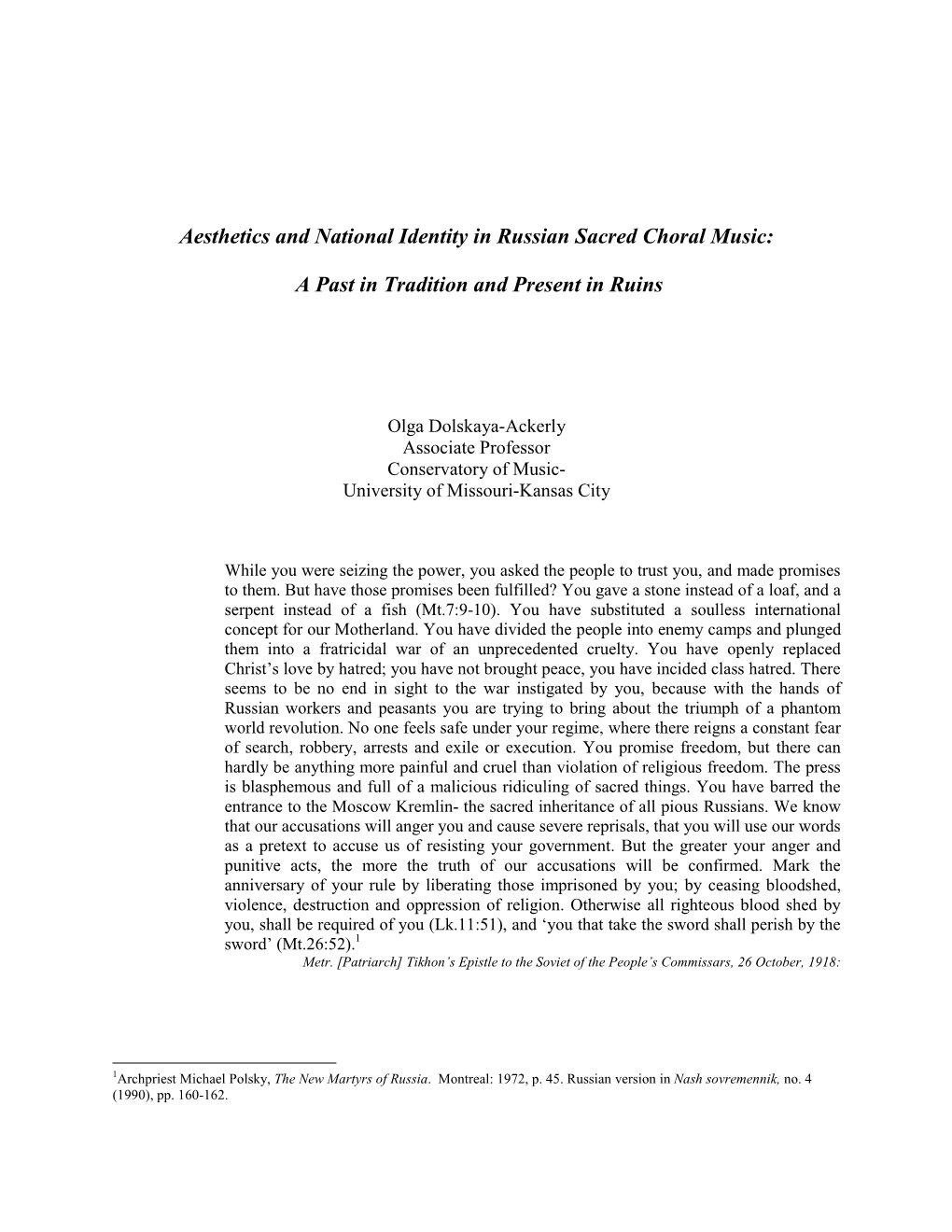 Aesthetics and National Identity in Russian Orthodox Singing