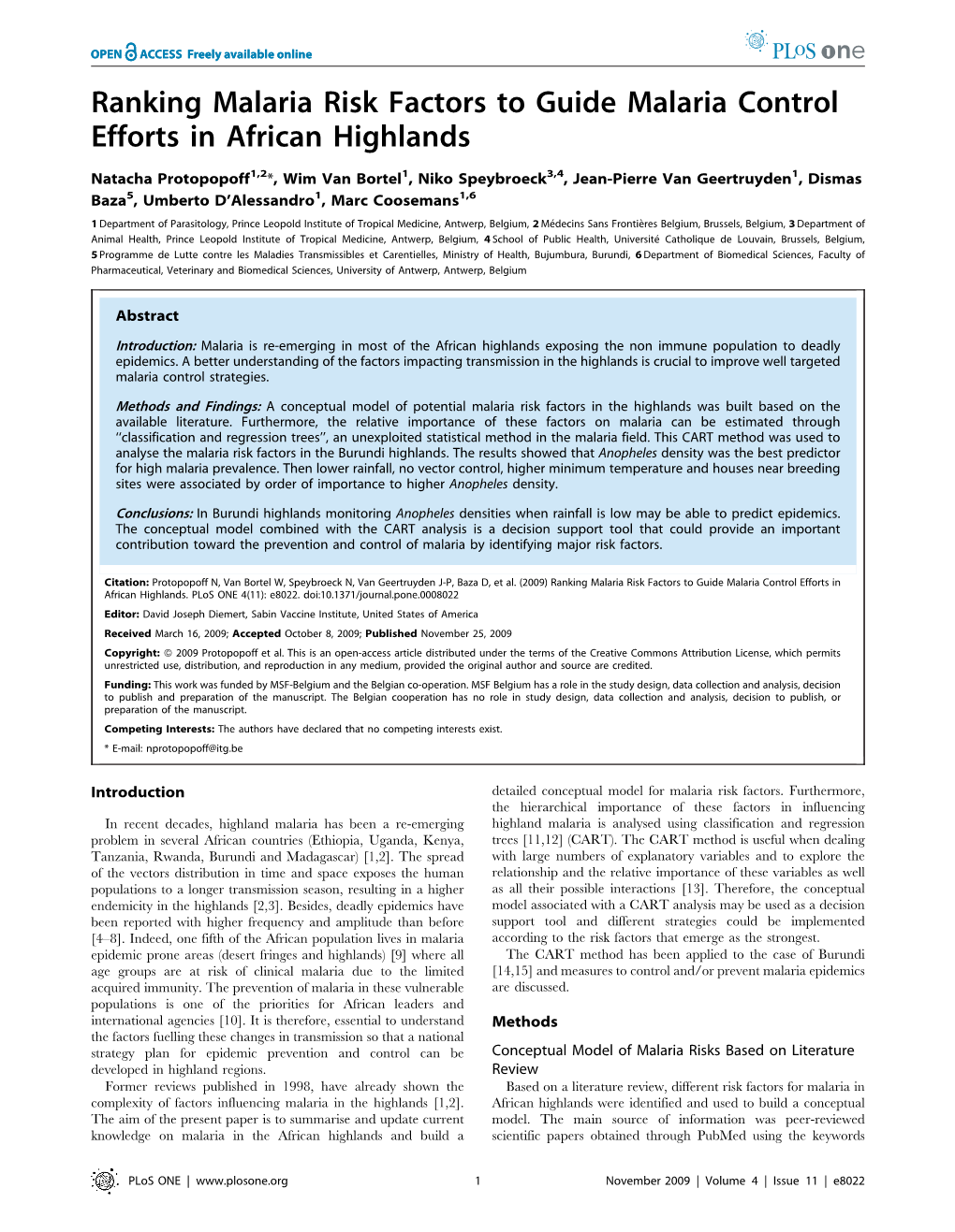 Ranking Malaria Risk Factors to Guide Malaria Control Efforts in African Highlands