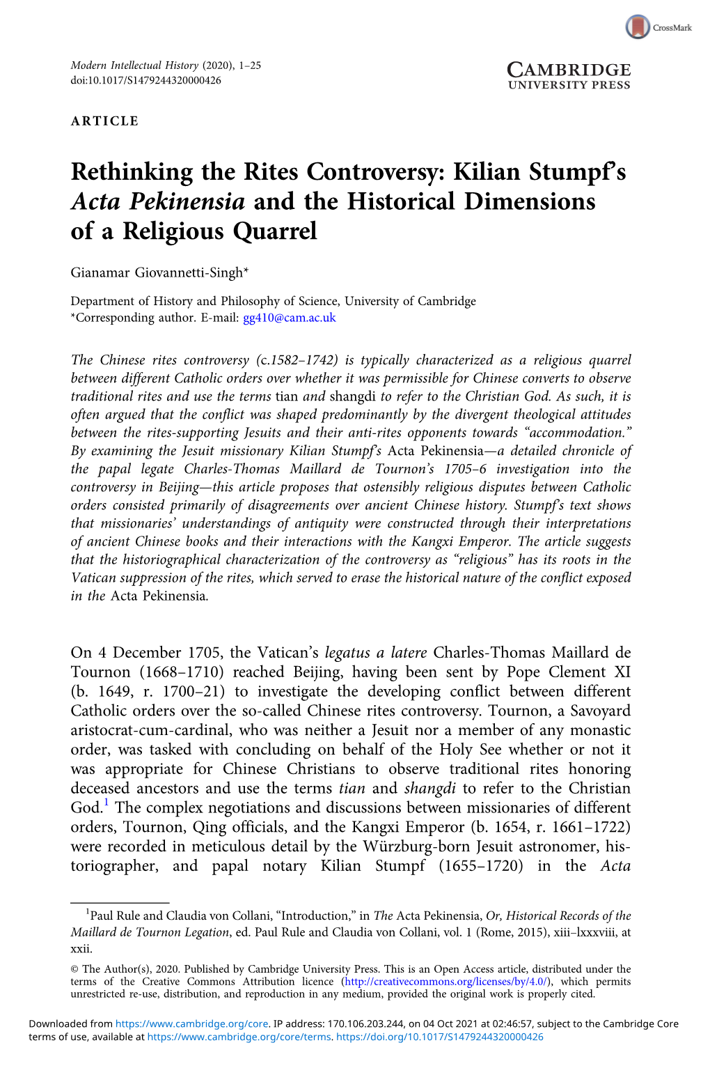 Rethinking the Rites Controversy: Kilian Stumpf’S Acta Pekinensia and the Historical Dimensions of a Religious Quarrel