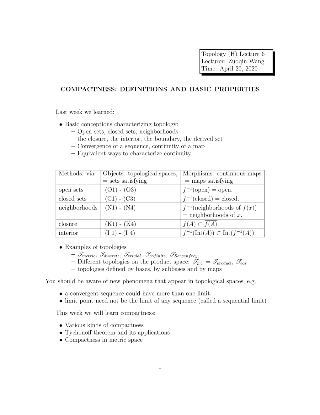 Topology (H) Lecture 6 Lecturer: Zuoqin Wang Time: April 20, 2020
