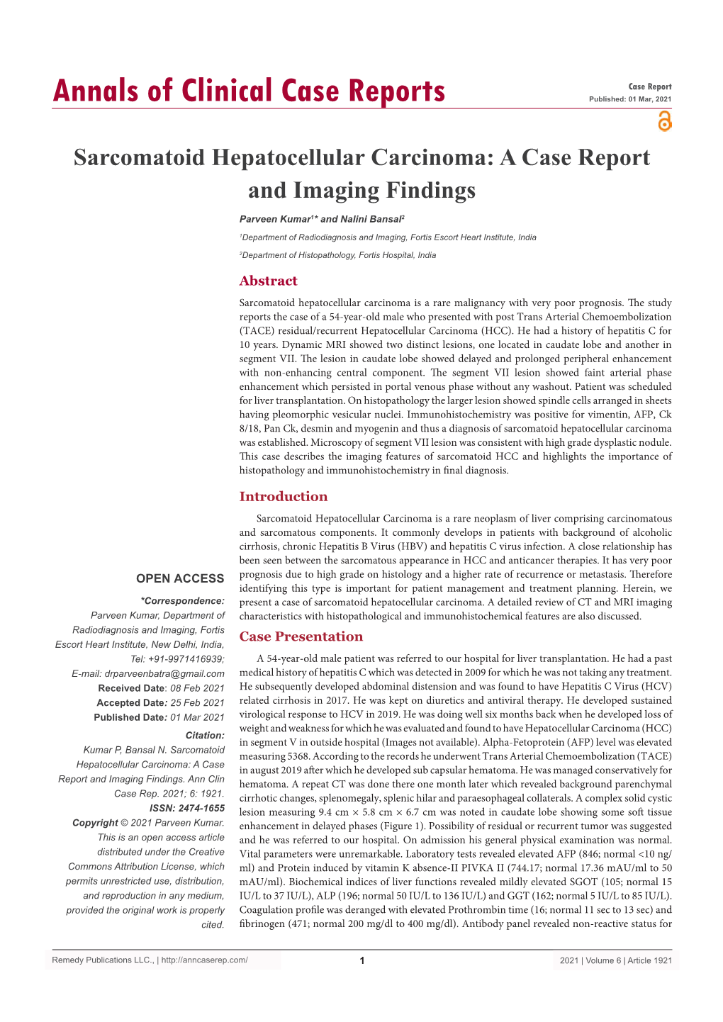 Sarcomatoid Hepatocellular Carcinoma: a Case Report and Imaging Findings