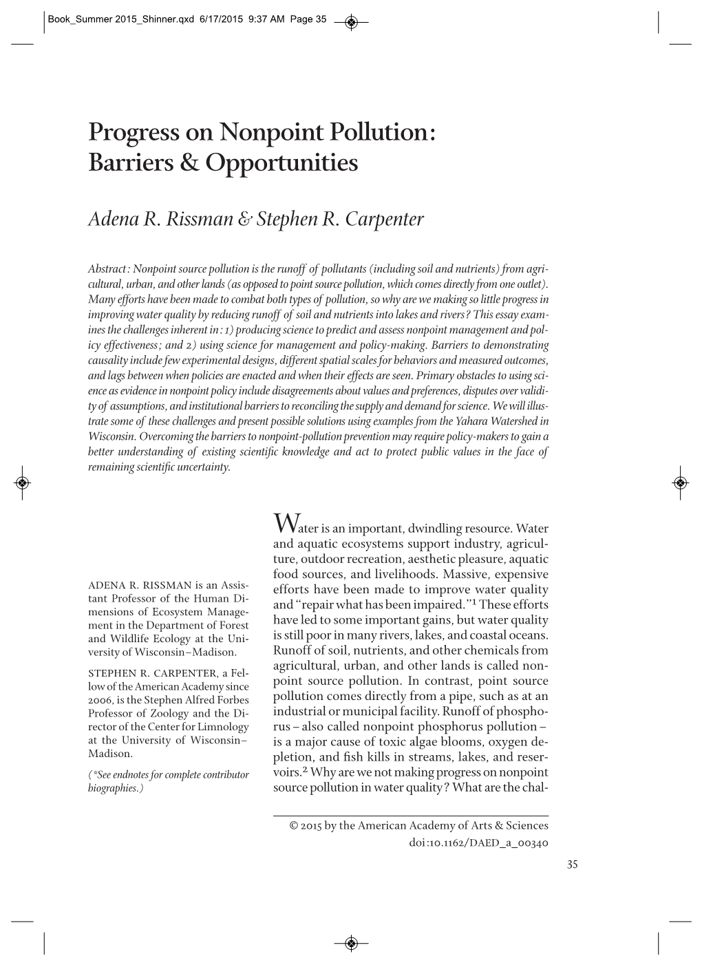 Progress on Nonpoint Pollution: Barriers & Opportunities