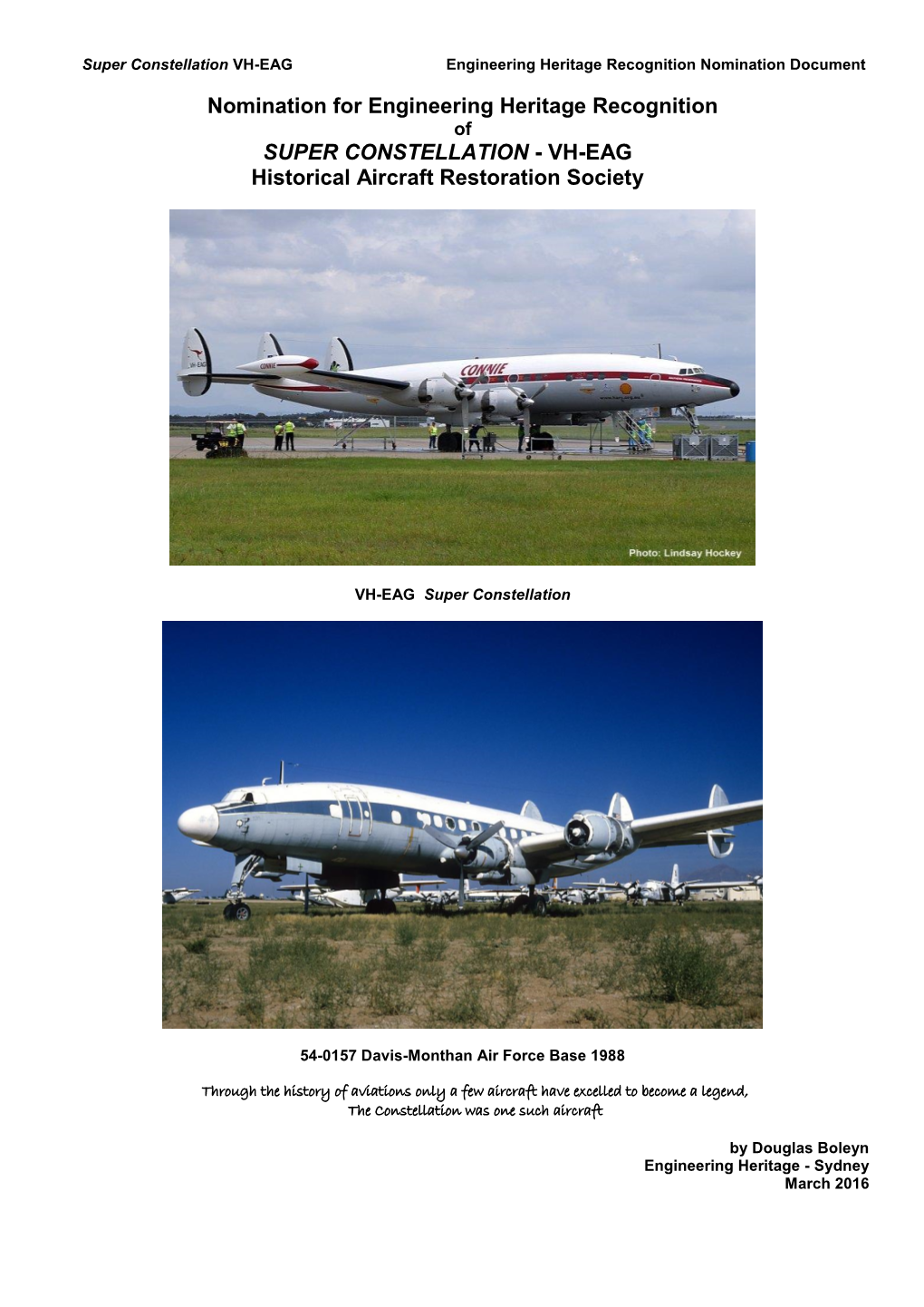 Super Constellation VH-EAG Engineering Heritage Recognition Nomination Document