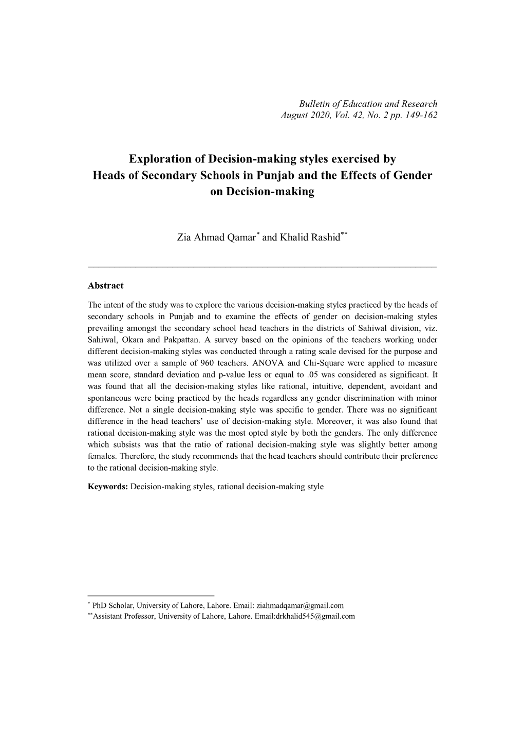 Exploration of Decision-Making Styles Exercised by Heads of Secondary Schools in Punjab and the Effects of Gender on Decision-Making