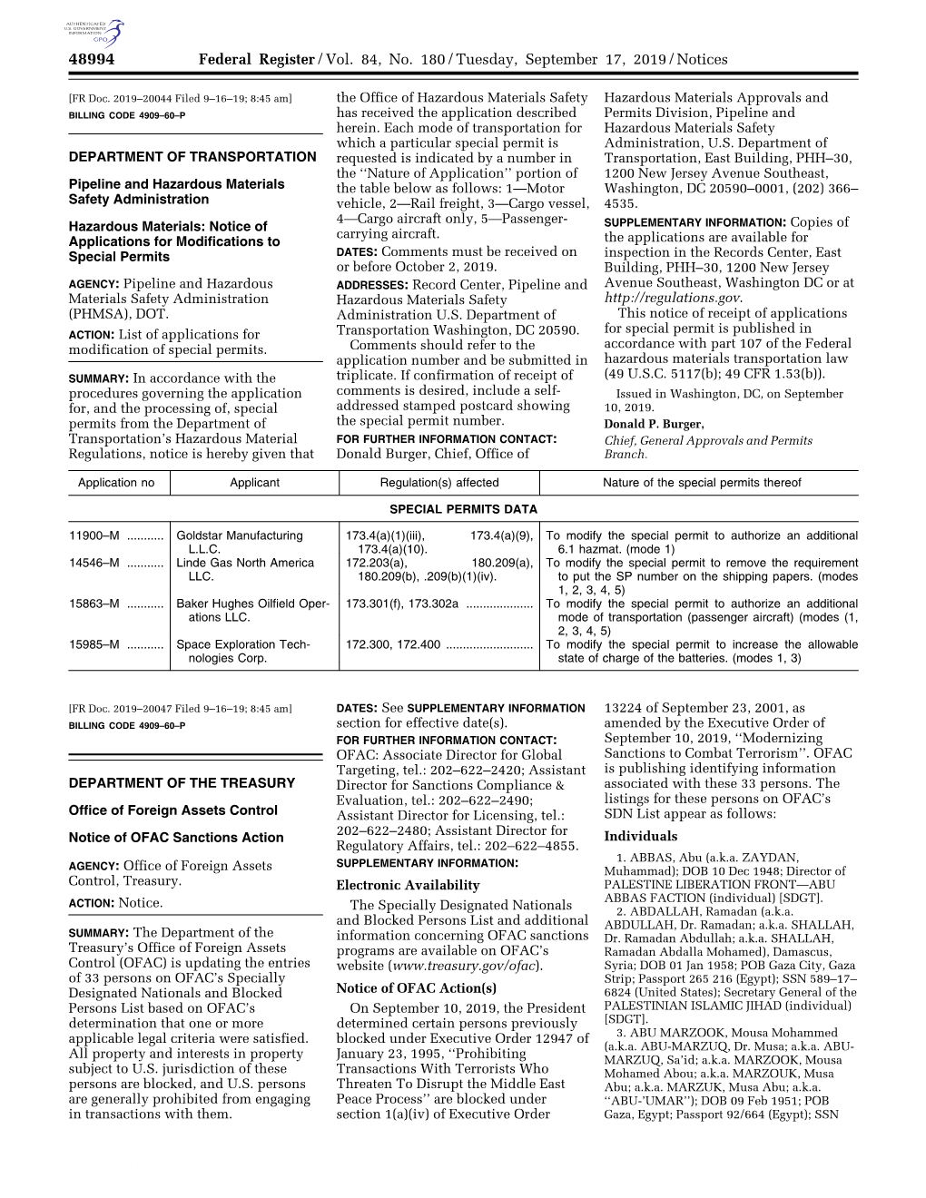 Federal Register/Vol. 84, No. 180/Tuesday, September 17, 2019