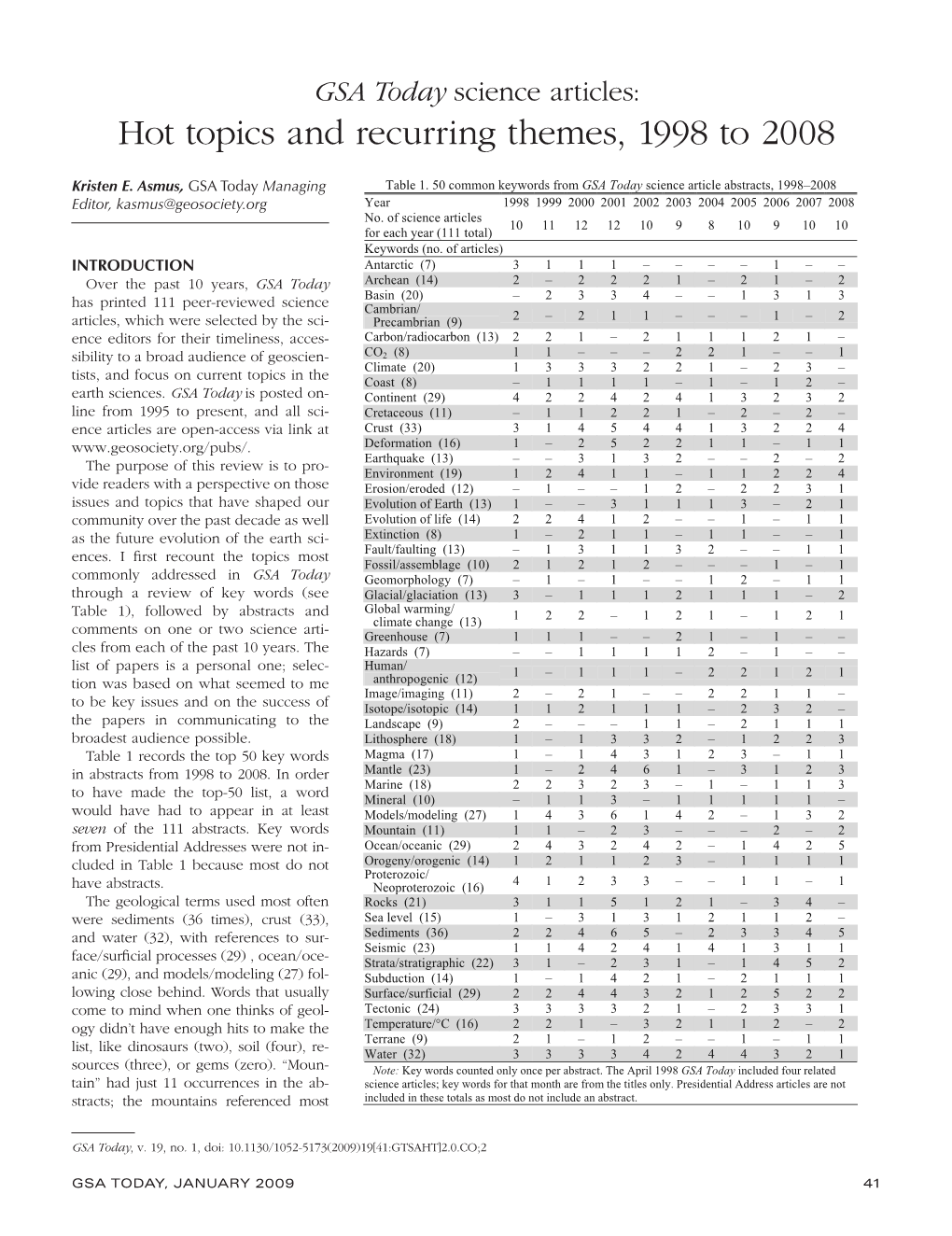 GSA Today Science Articles: Hot Topics and Recurring Themes, 1998 to 2008