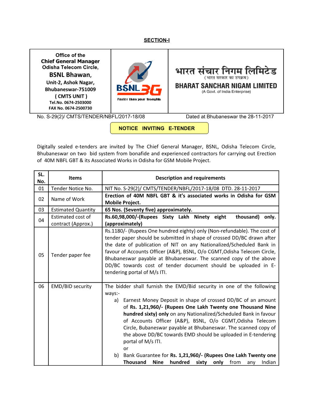 No. S-29(2)/ CMTS/TENDER/NBFL/2017-18/08 Dated at Bhubaneswar the 28-11-2017