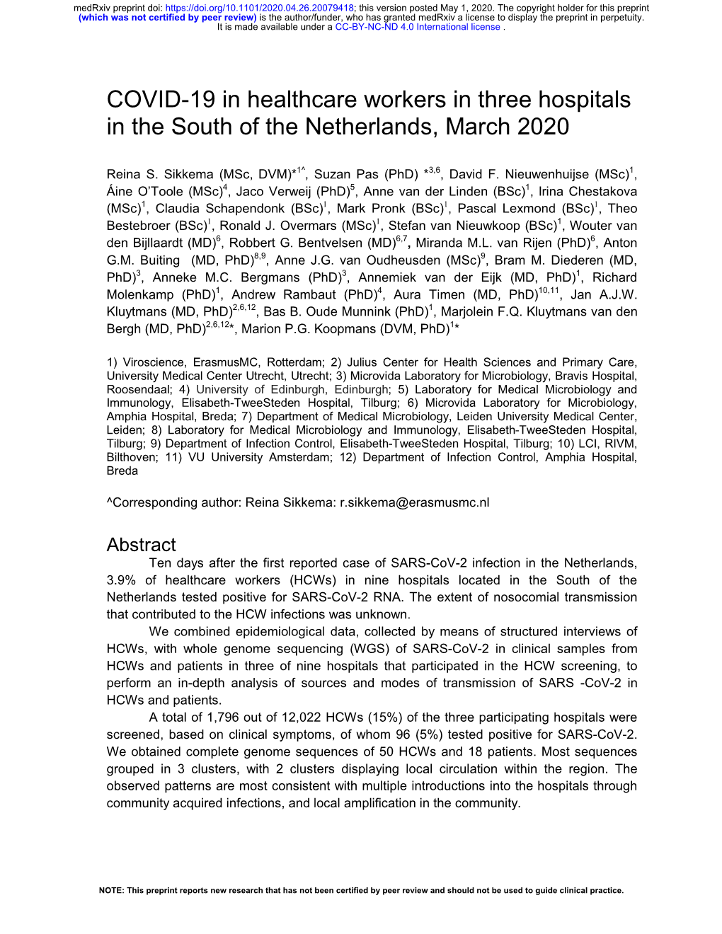 COVID-19 in Healthcare Workers in Three Hospitals in the South of the Netherlands, March 2020