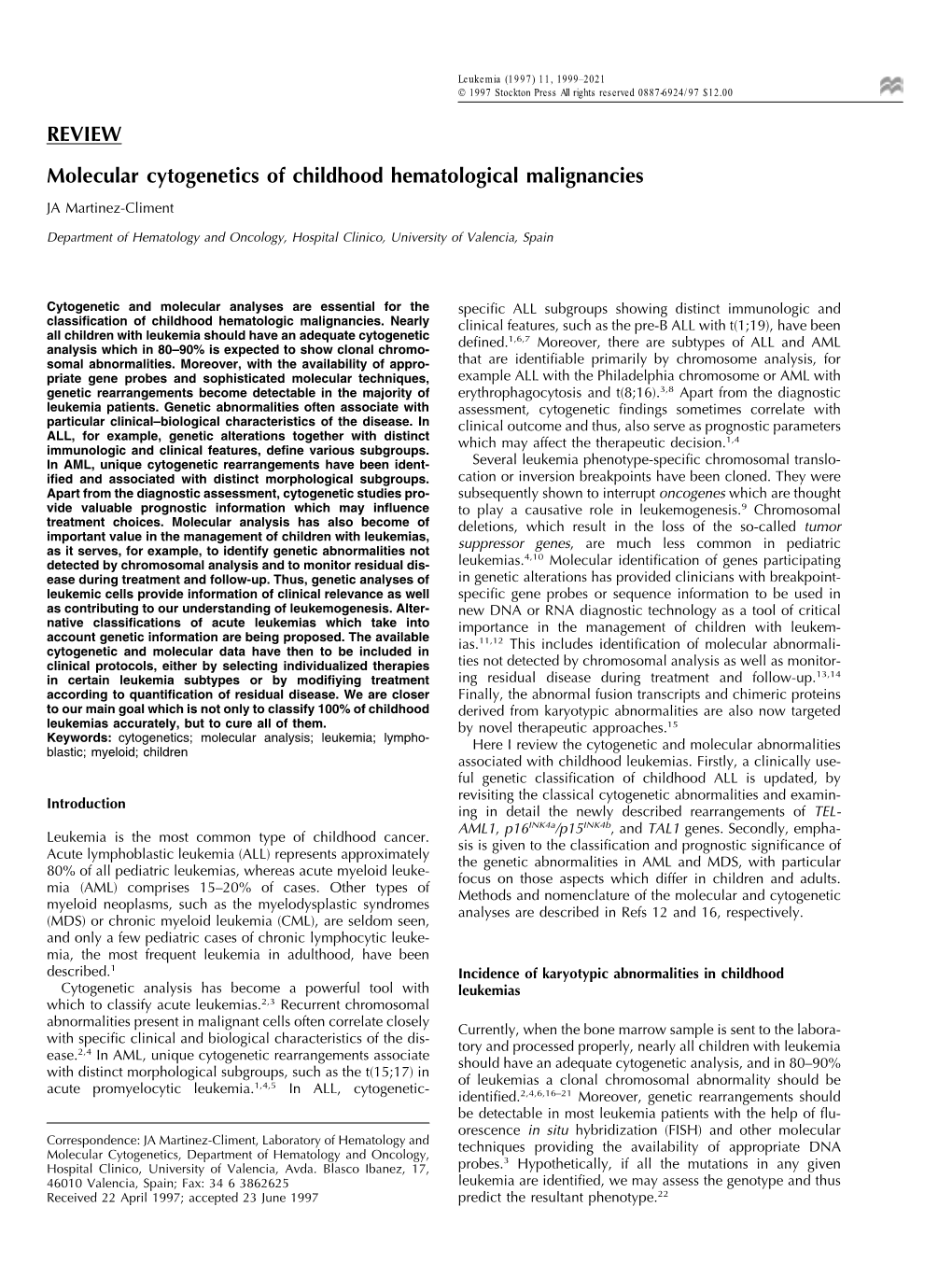 REVIEW Molecular Cytogenetics of Childhood Hematological