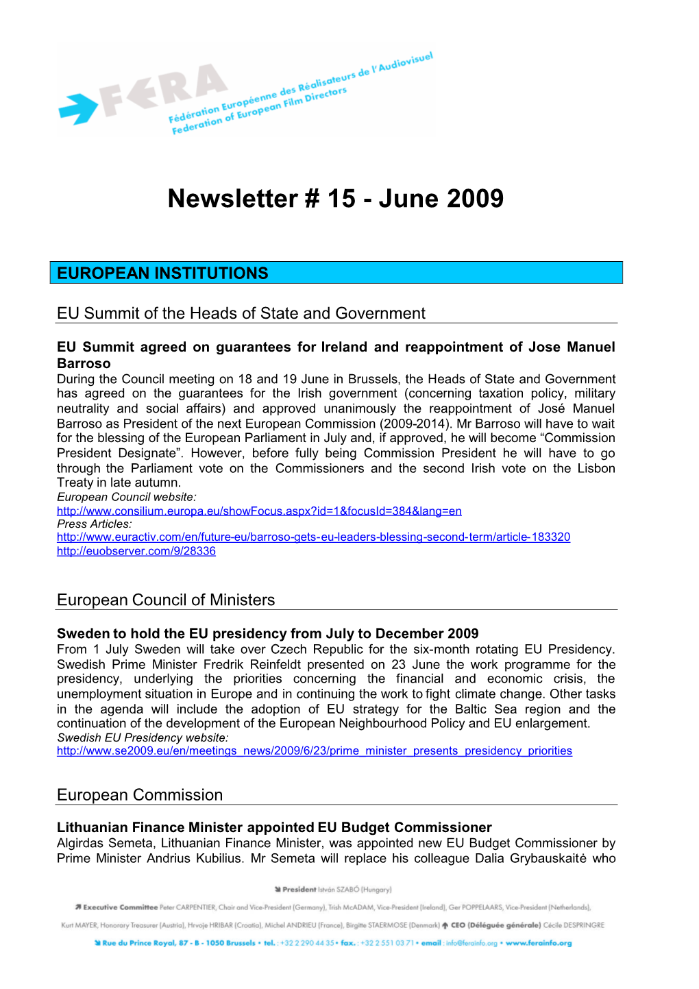 FERA Newsletter #15 June 2009