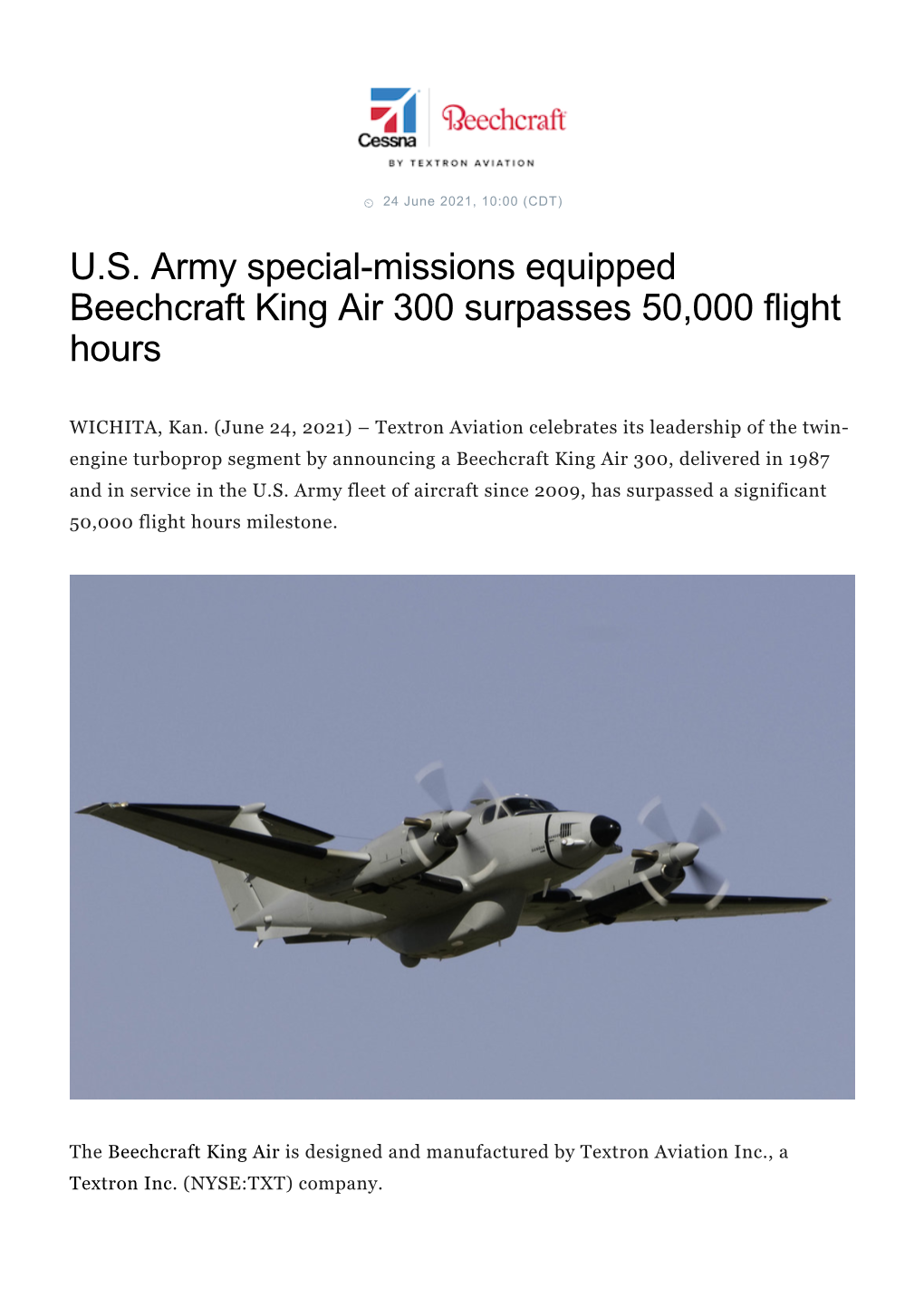 U.S. Army Special-Missions Equipped Beechcraft King Air 300 Surpasses 50,000 Flight Hours