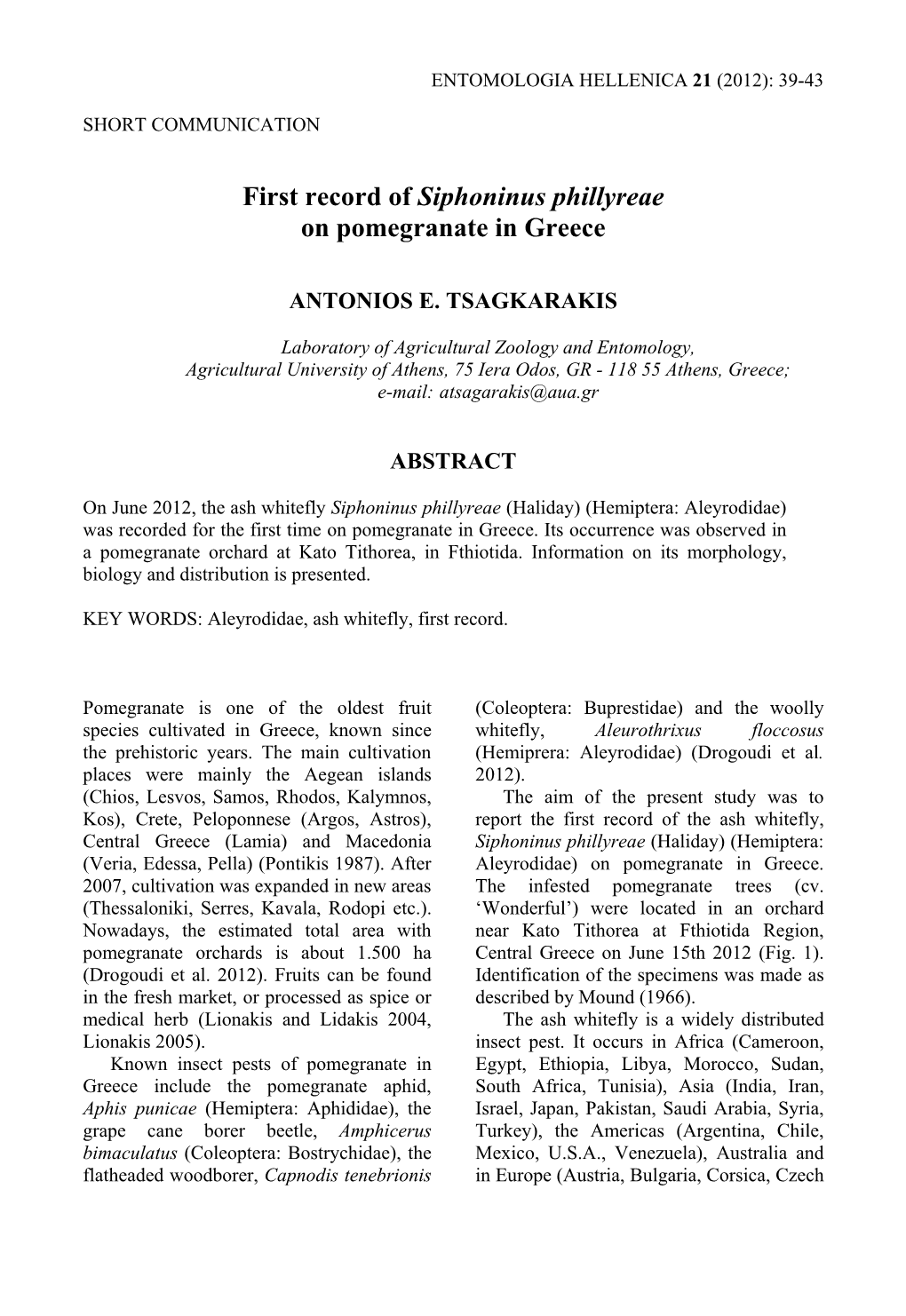 TSAGKARAKIS A.E. First Record of Siphoninus Phillyreae On