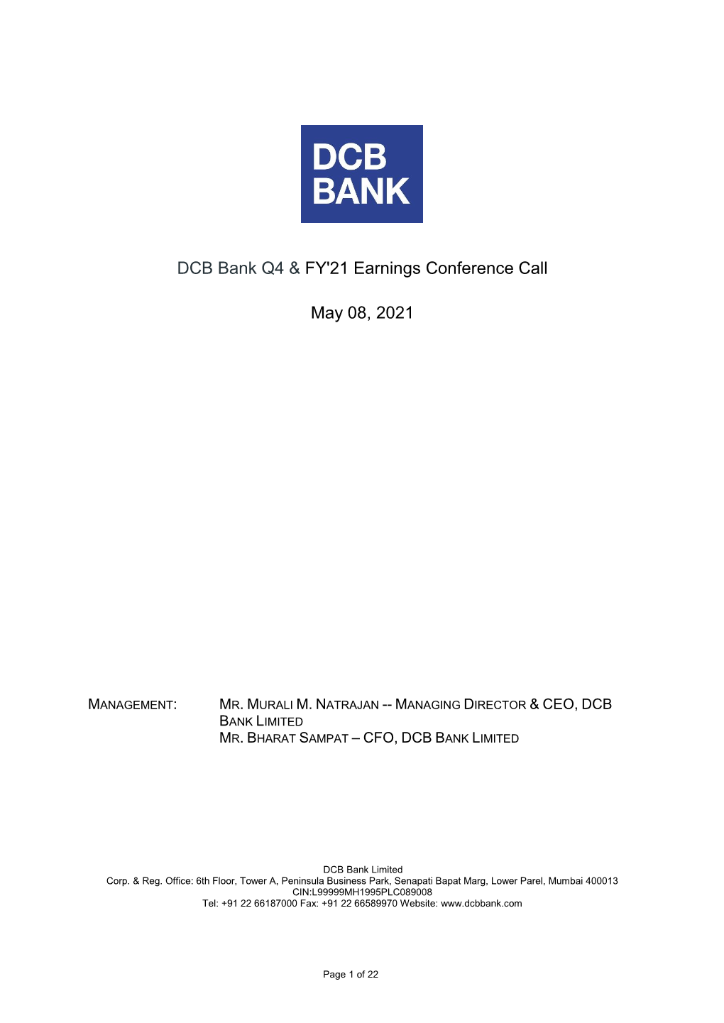 DCB Bank Q4 & FY'21 Earnings Conference Call May 08, 2021