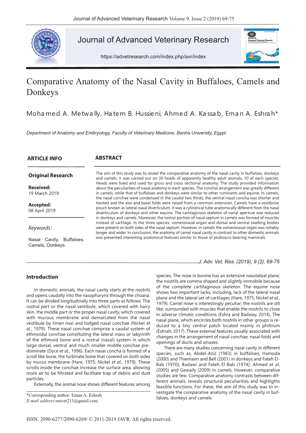 Comparative Anatomy of the Nasal Cavity in Buffaloes, Camels and Donkeys