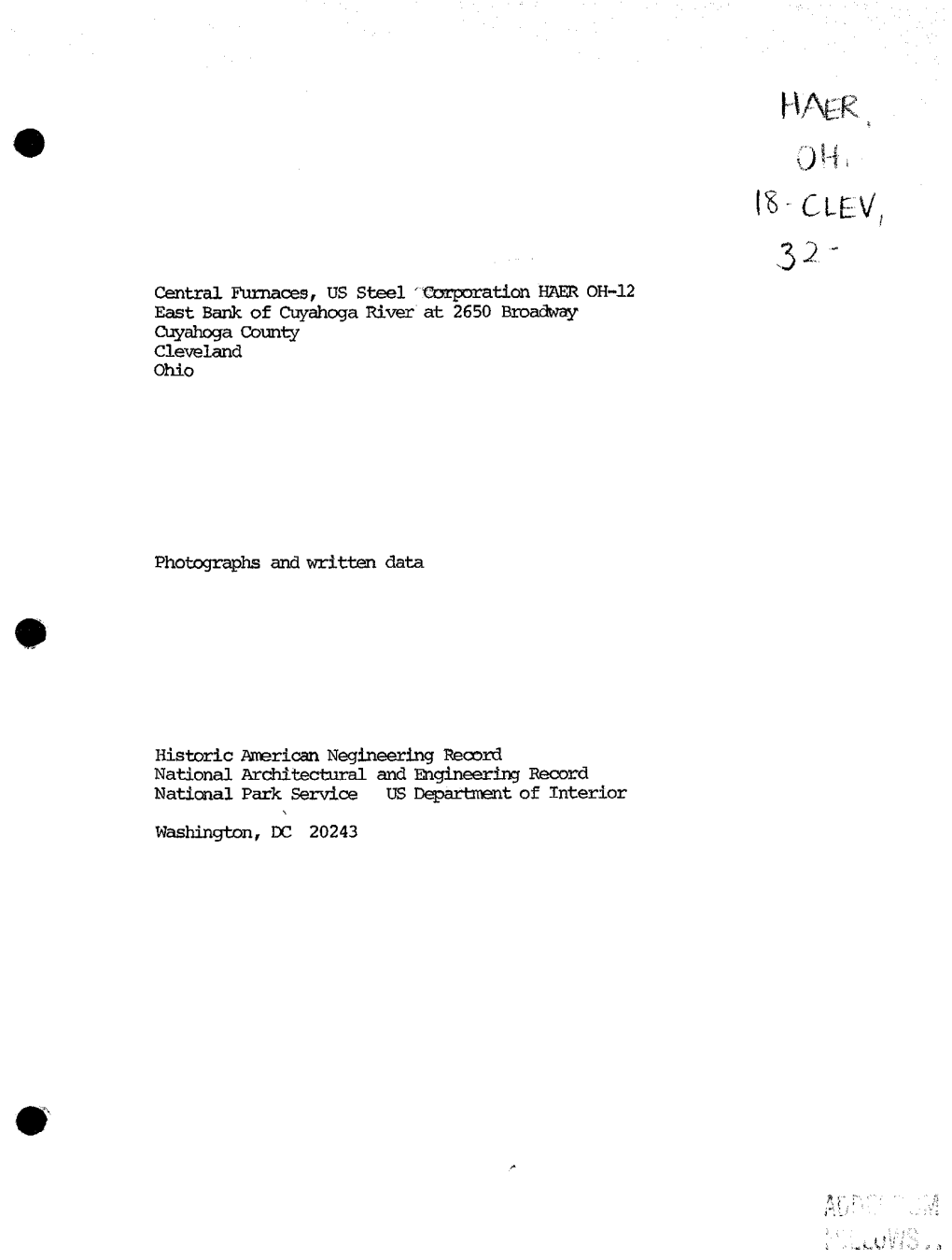 Central Furnaces, US Steel '€Orparation H&ER OH-12 East Bank of Cuyahoga River at 2650 Broadway Cuyahoga County Cleveland Ohio