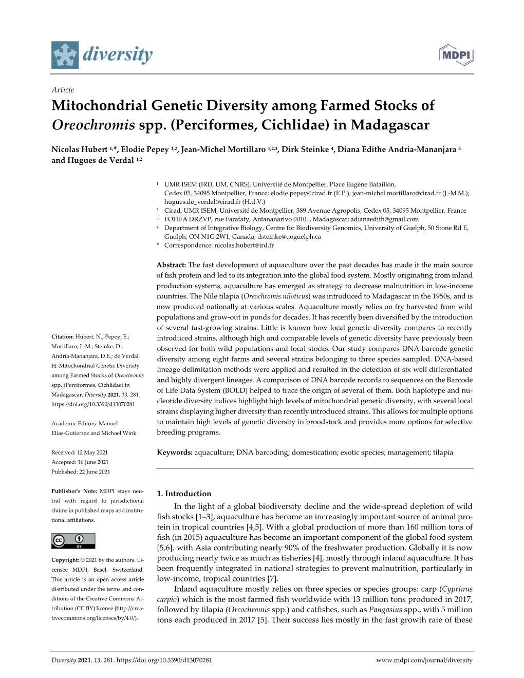 Mitochondrial Genetic Diversity Among Farmed Stocks of Oreochromis Spp