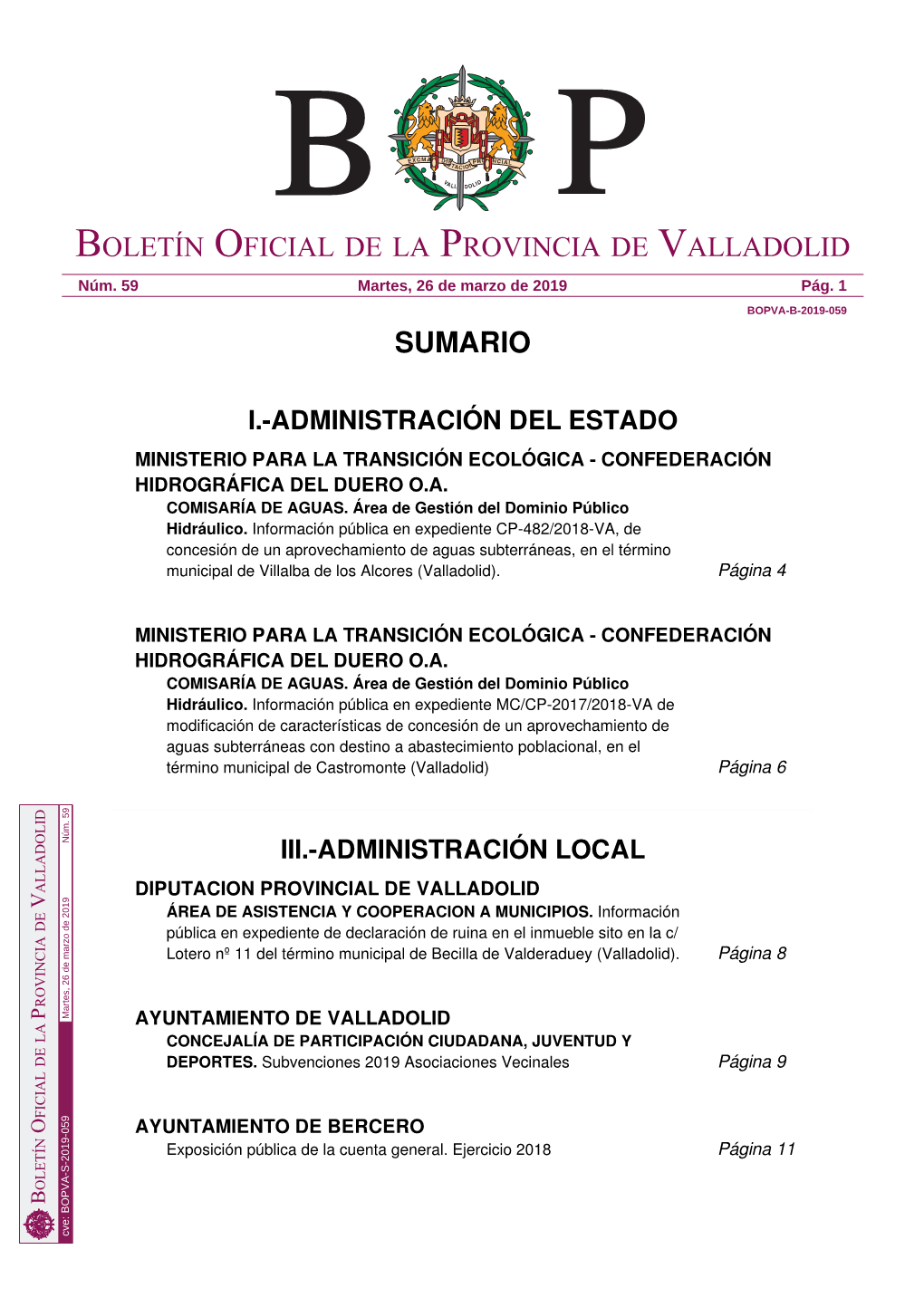 Sumario Boletín Oficial De La Provincia De Valladolid