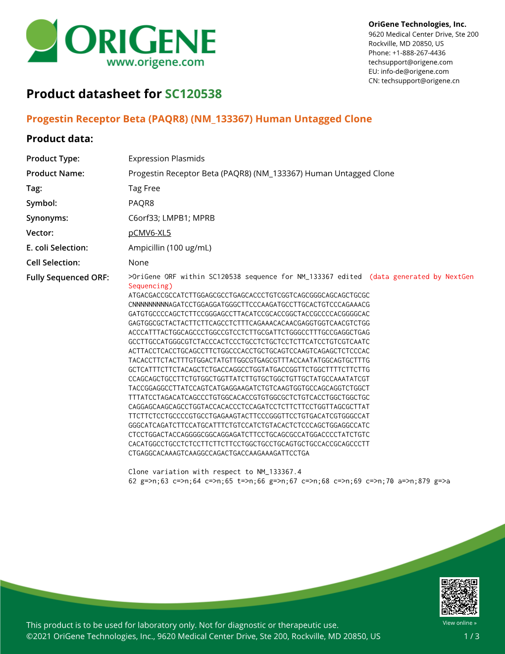 Progestin Receptor Beta (PAQR8) (NM 133367) Human Untagged Clone Product Data