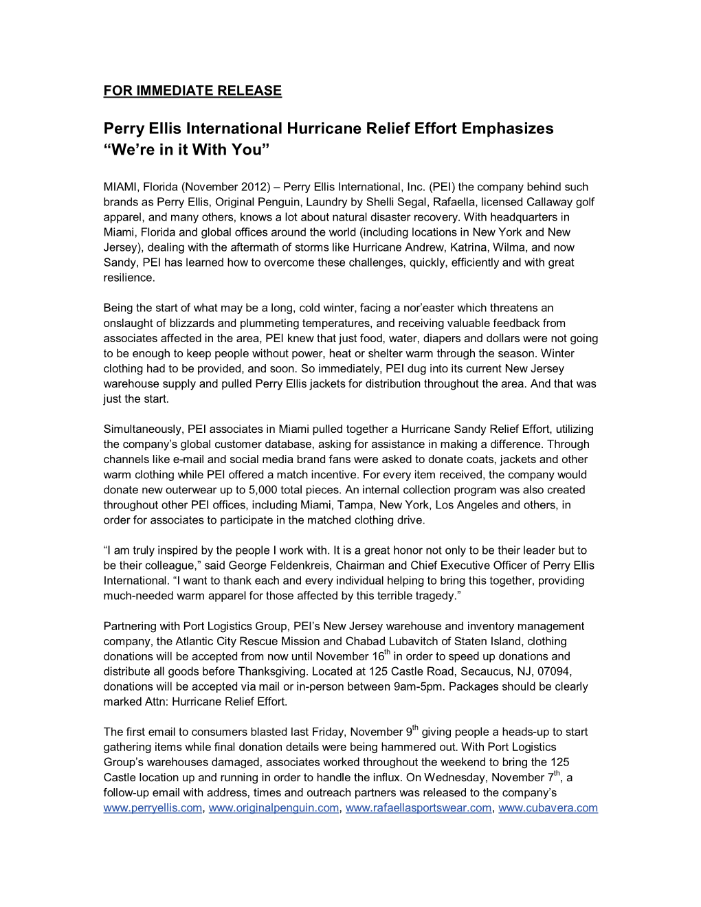 Perry Ellis International Hurricane Sandy Relief