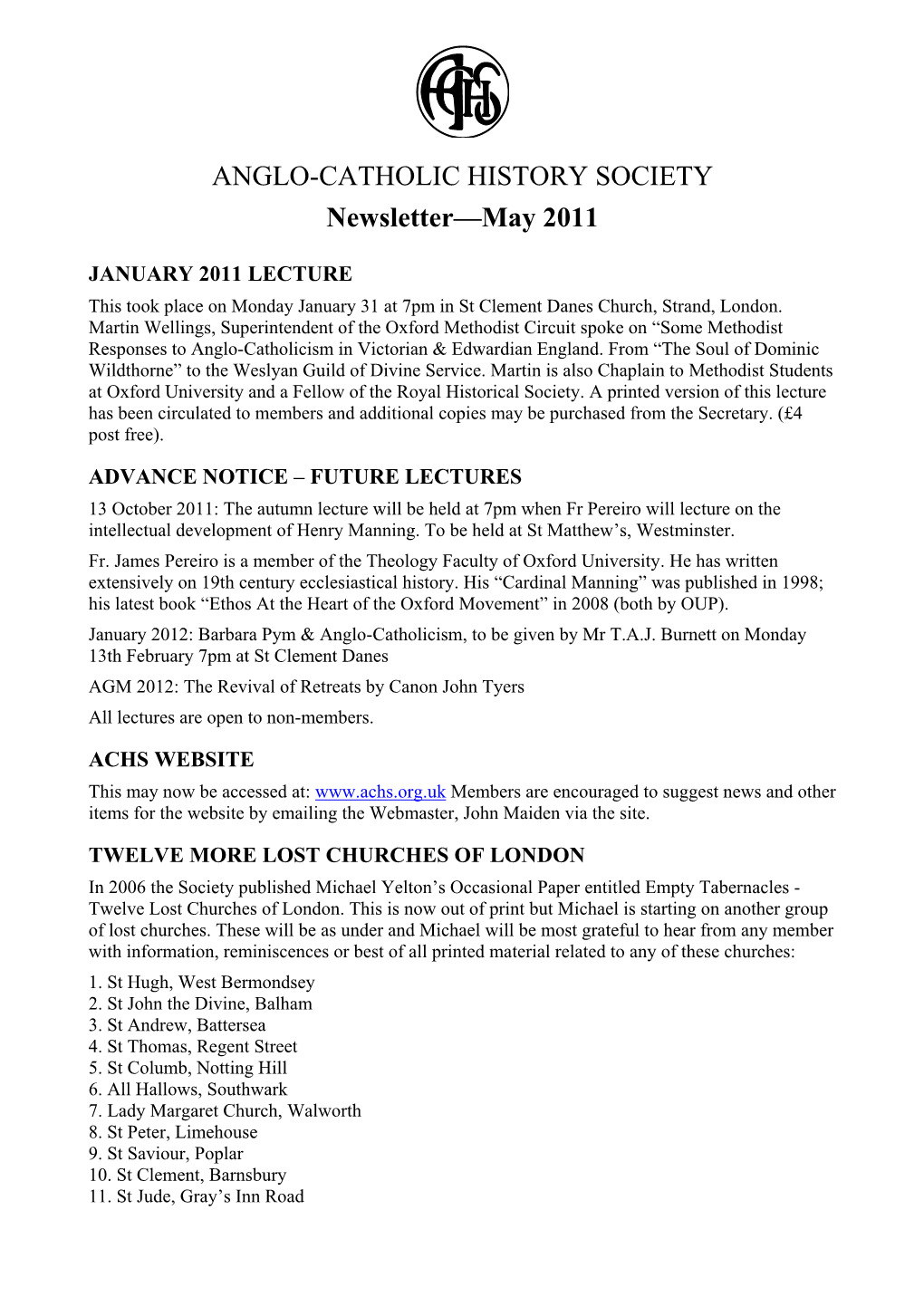 ANGLO-CATHOLIC HISTORY SOCIETY Newsletter—May 2011