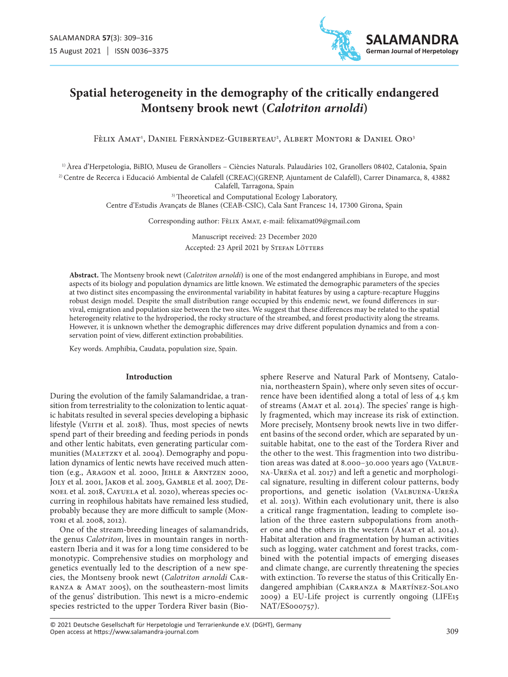 Spatial Heterogeneity in the Demography of the Critically Endangered Montseny Brook Newt (Calotriton Arnoldi)