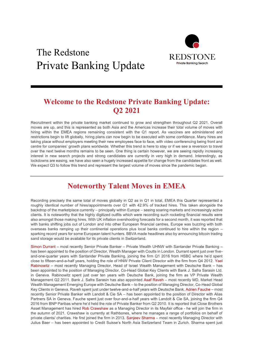 The Redstone Private Banking Update: Q2 2021