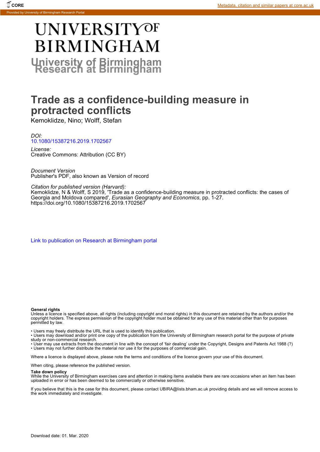 University of Birmingham Trade As a Confidence-Building Measure In