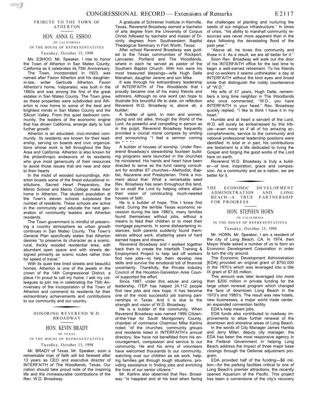 CONGRESSIONAL RECORD— Extensions of Remarks E2117 HON