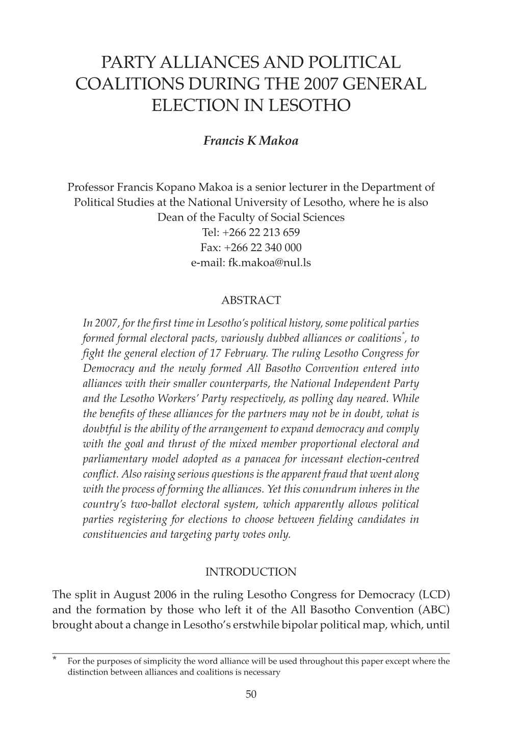 Party Alliances and Political Coalitions During the 2007 General Election in Lesotho