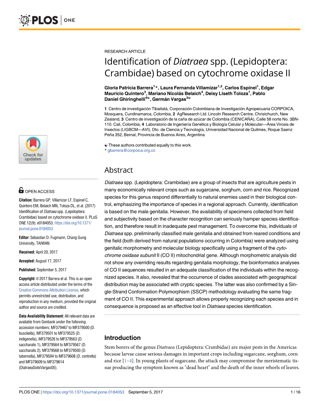 Identification of Diatraea Spp.(Lepidoptera: Crambidae