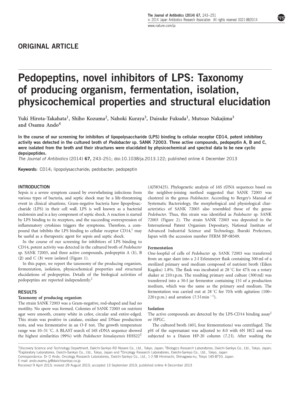 Pedopeptins, Novel Inhibitors of LPS: Taxonomy of Producing Organism, Fermentation, Isolation, Physicochemical Properties and Structural Elucidation