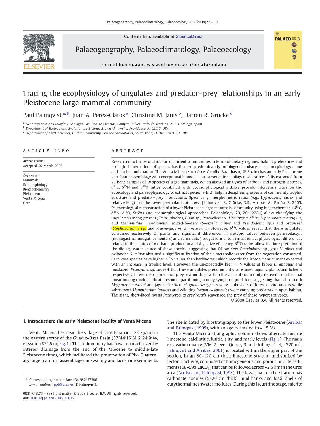 Tracing the Ecophysiology of Ungulates and Predator–Prey Relationships in an Early Pleistocene Large Mammal Community Palaeoge