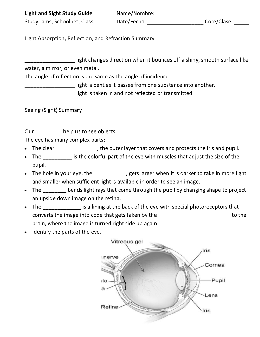 Light and Sight Study Guide Name/Nombre: ______