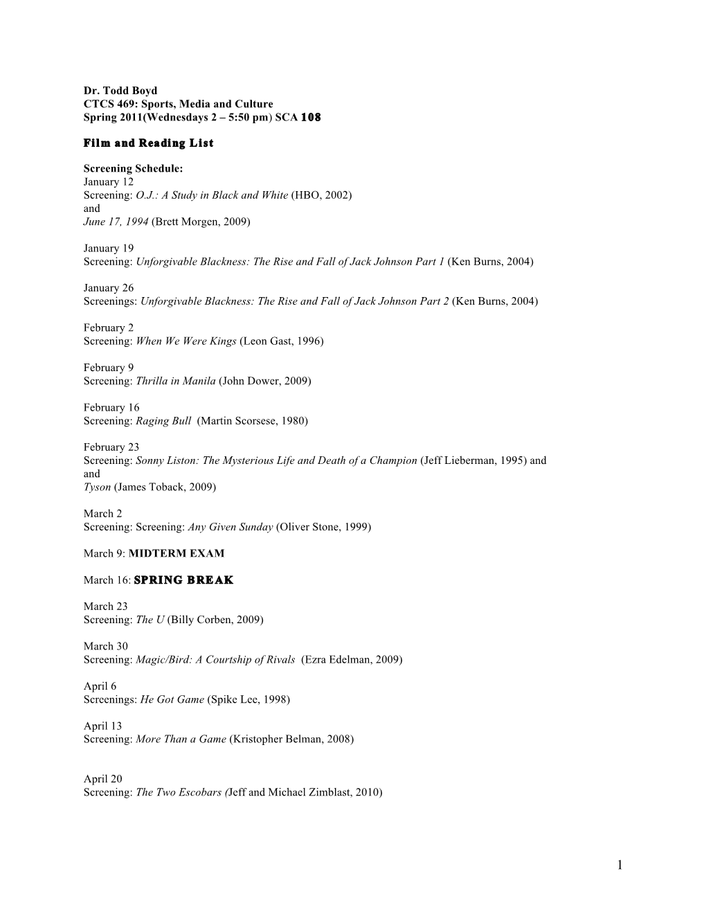 Sports Media Culture (Spring 2011) Film & Reading List