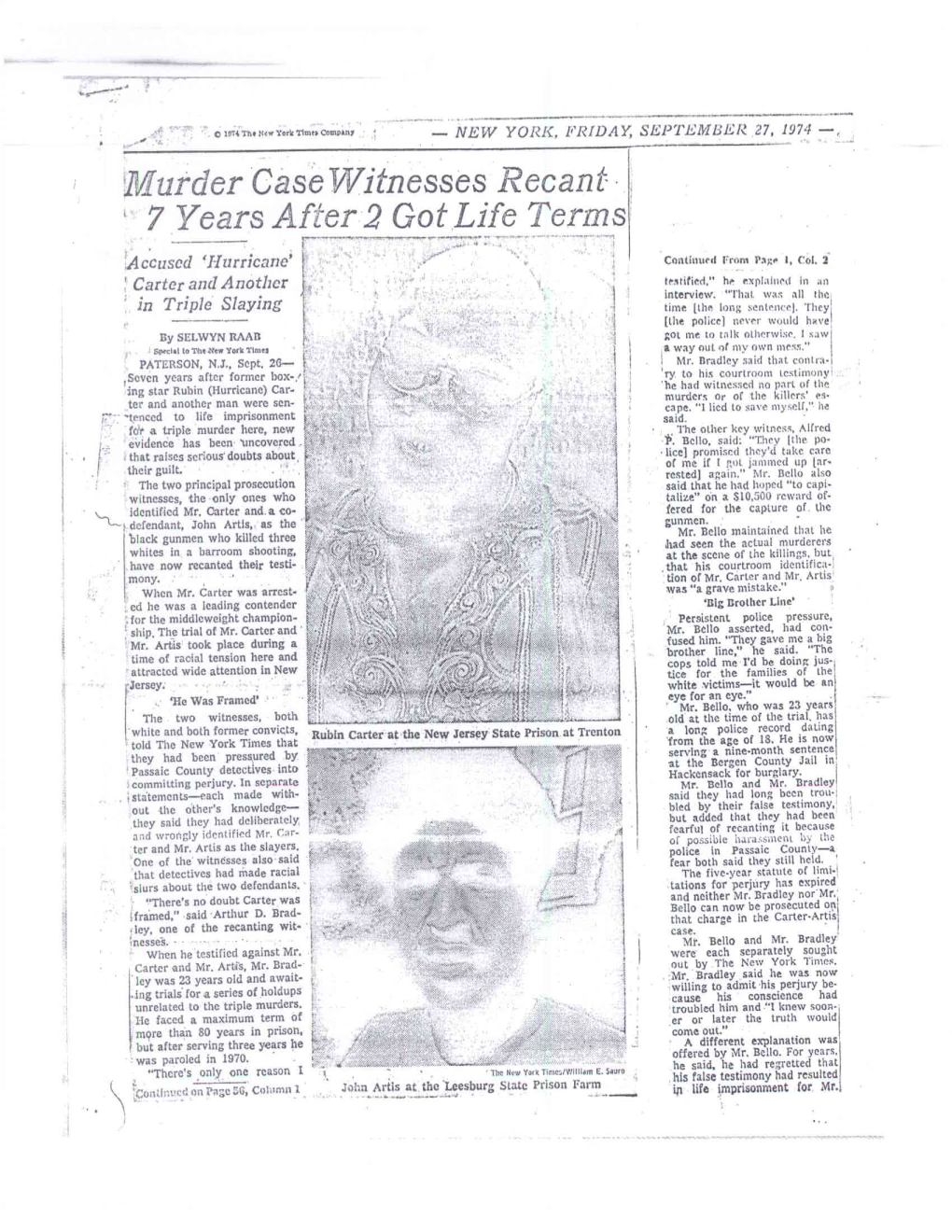 Murder Case Witnesses Recant 7 Years After 2 Got Life Terms Accused 'Hurricane' Cniitimied from Page 1, Col, 3